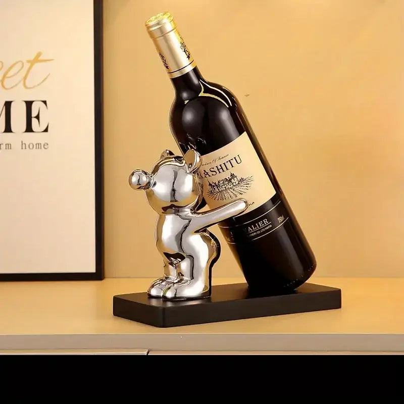 Shiny silver bear wine rack with sleek reflective finish designed as a stylish kitchen wine rack cup holder