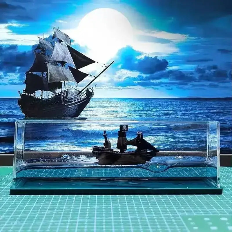 Silver black pearl pirate ship glass display case with miniature black pearl pirate ship model for office decorbites decor