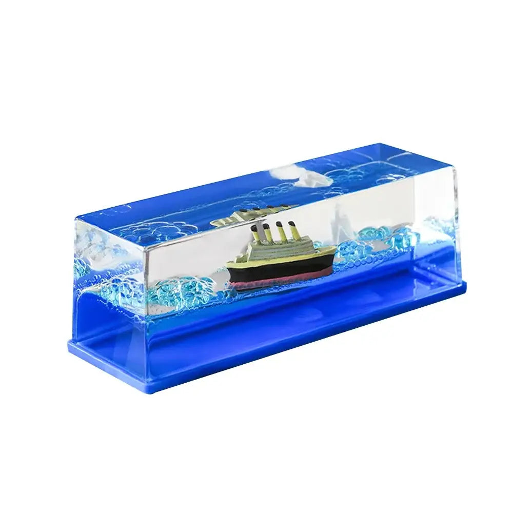 Silver black pearl pirate ship glass display case with blue resin miniature ship and liquid-like waves decorbites black pearl