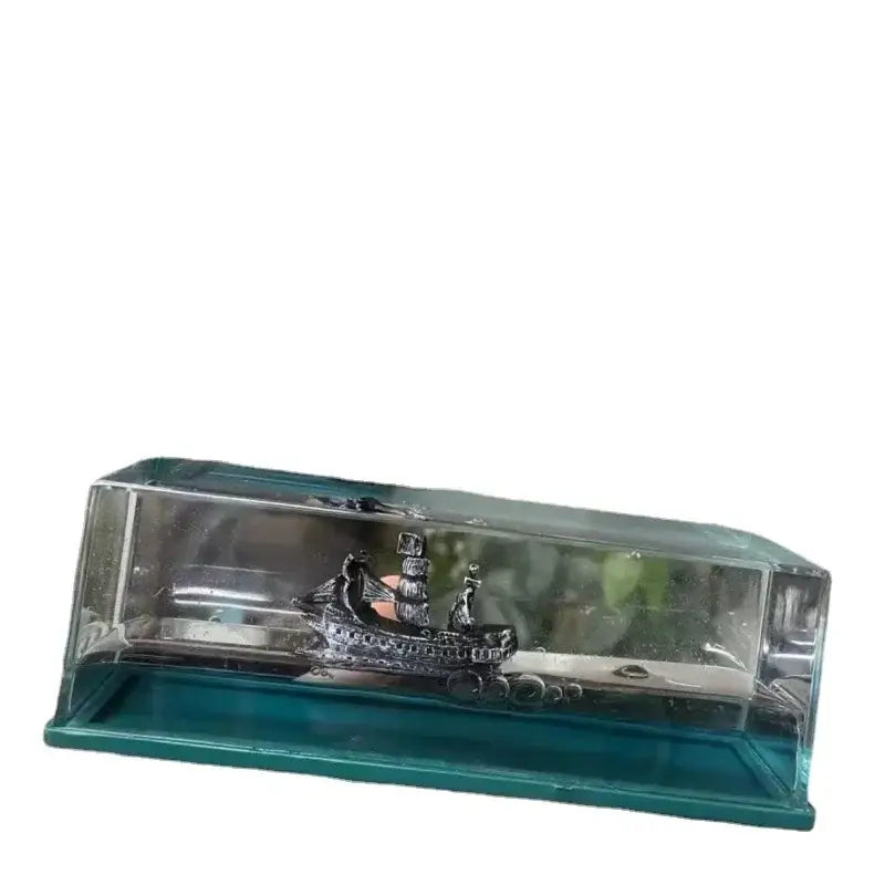 Silver black pearl pirate ship model in glass display case with teal base for decorbites black pearl office decor