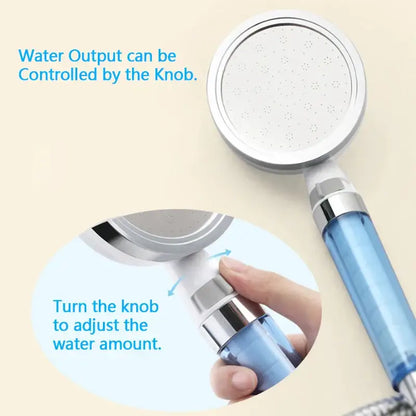 Silver and translucent blue shower head with rotating knob for water flow control decorbites 10cm panel enhancing shower experience