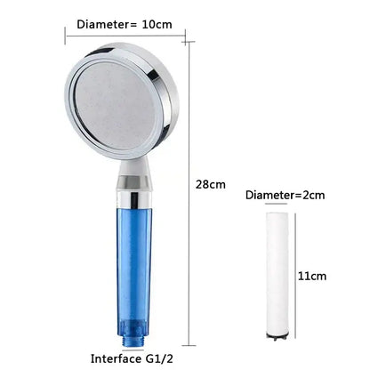 Chrome finished silver and blue dual filter shower head with 10cm decorbites panel for enhanced shower experience