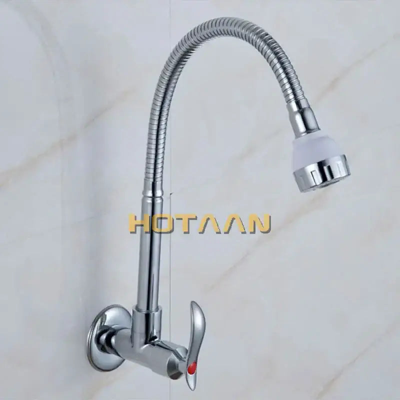 Chrome finished brass cold kitchen faucet with flexible ribbed spout red tipped lever and white textured spray head