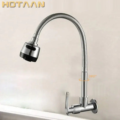 Silver hotaan brass cold kitchen faucet with flexible ribbed spout and black rubberized spray head for decorbites brass cold kitchen