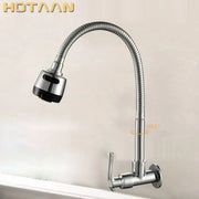 Silver hotaan brass cold kitchen faucet with flexible ribbed gooseneck spout and black rubberized spray head