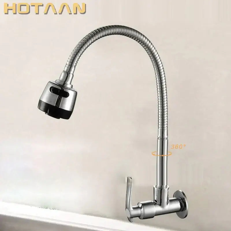Silver hotaan brass cold kitchen faucet with flexible ribbed gooseneck spout and black rubberized spray head