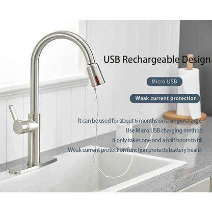 Silver brush nickel touchless sensor kitchen faucet with sleek curved spout and integrated usb rechargeable feature from decorbites brush nickel kitchen faucet accessories