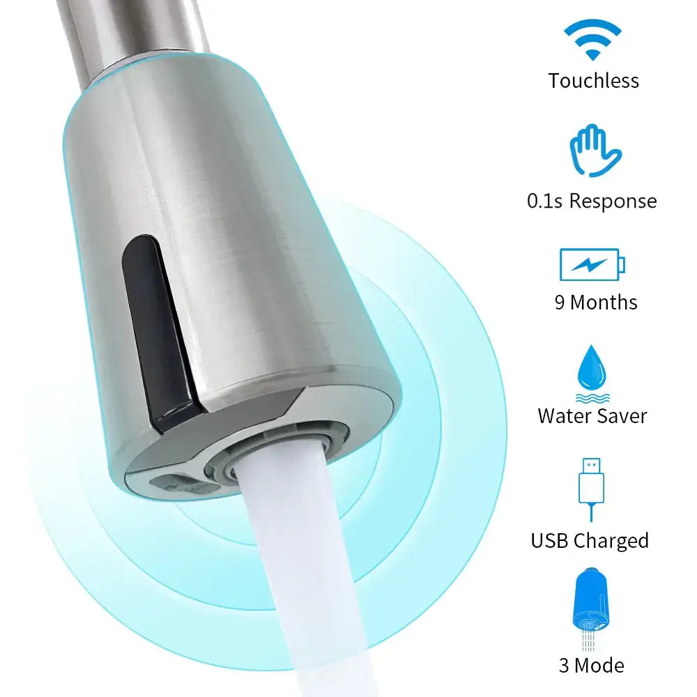 Silver brush nickel touchless sensor kitchen faucet with usb charging and three spray modes by decorbites brush nickel