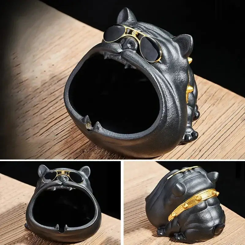 Black ceramic bulldog ceramic ashtray with gold-rimmed sunglasses and collar for living room desktop accessory