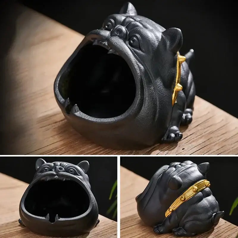 Black cast iron bulldog ceramic ashtray with gold collar for living room desktop accessory