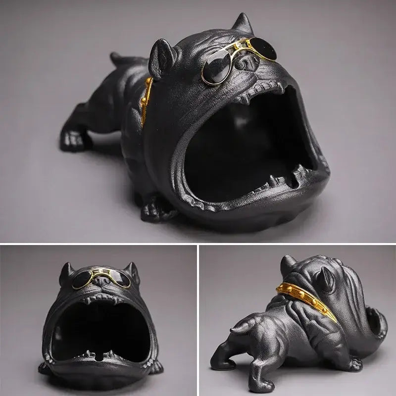 Black cast iron bulldog ceramic ashtray with gold-rimmed sunglasses and collar for living room desktop accessory