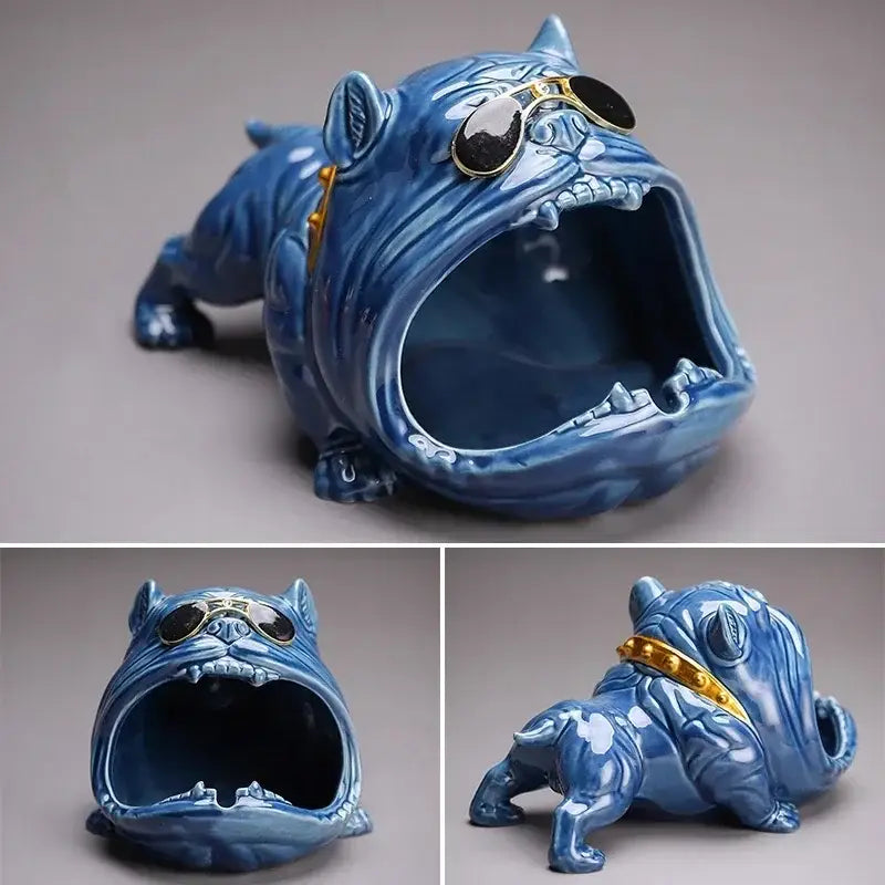 Blue bulldog ceramic ashtray with gold-rimmed sunglasses and matching collar for living room desktop accessory