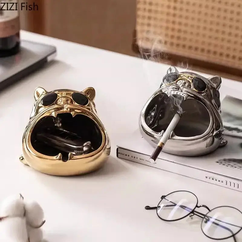 Silver bulldog ceramic ashtray and gold ceramic tiger ashtray with black sunglasses for living room desktop accessory