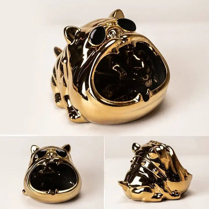 Golden bulldog ceramic ashtray with black glossy eyes and open mouth for living room desktop accessory