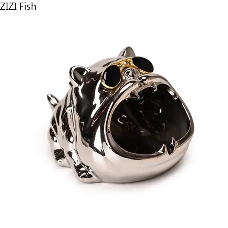 Silver bulldog ceramic ashtray shaped like a bulldog wearing gold-rimmed sunglasses for living room desktop accessory