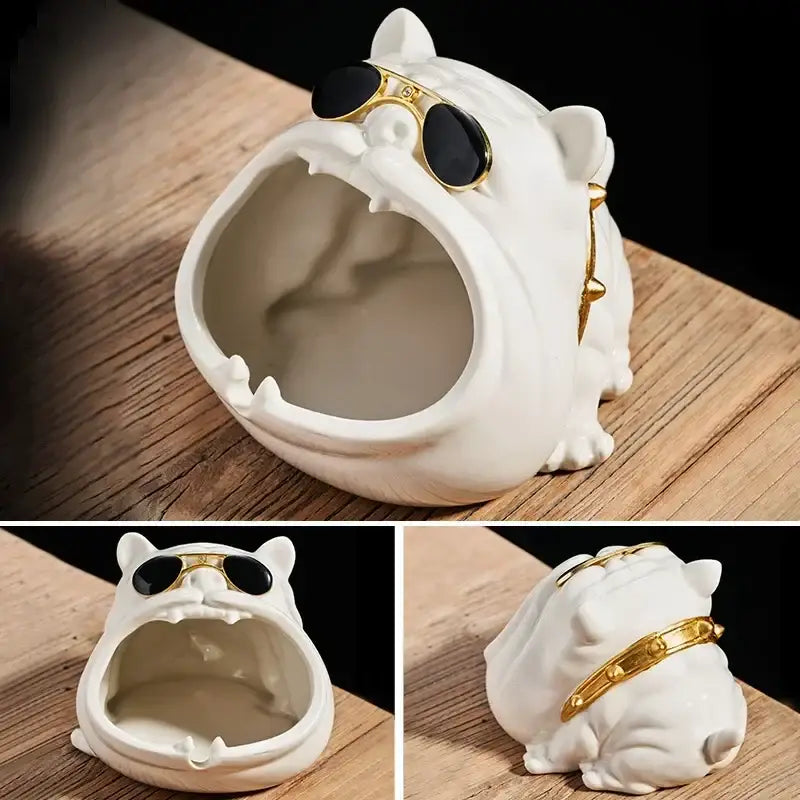 White ceramic bulldog ceramic ashtray with gold rimmed sunglasses and collar for living room desktop accessory