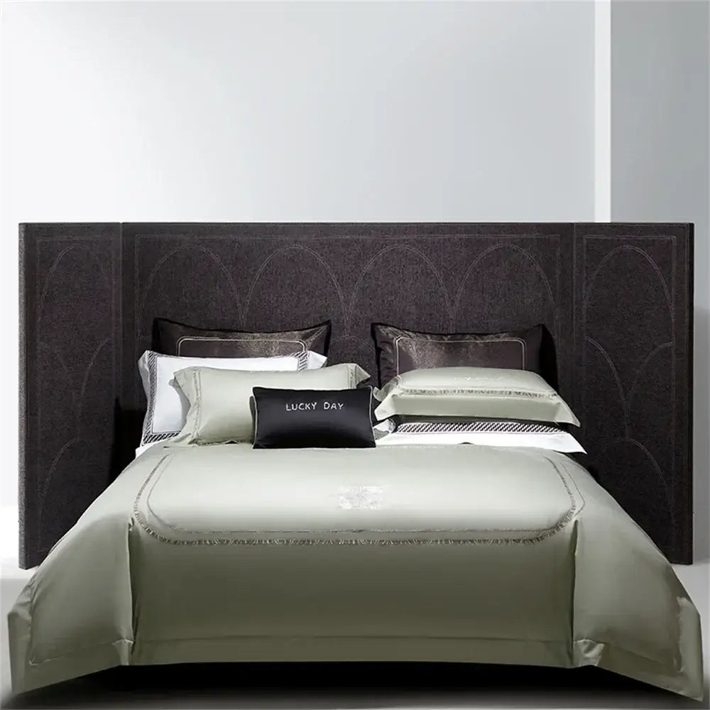 Elegant sage green bedding set in decorbites cotton satin jacquard with silver embroidery and lucky day accent pillow