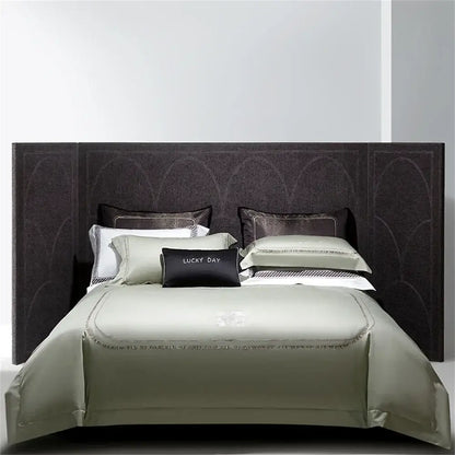 Elegant sage green bedding set in decorbites cotton satin jacquard with silver embroidery and lucky day accent pillow