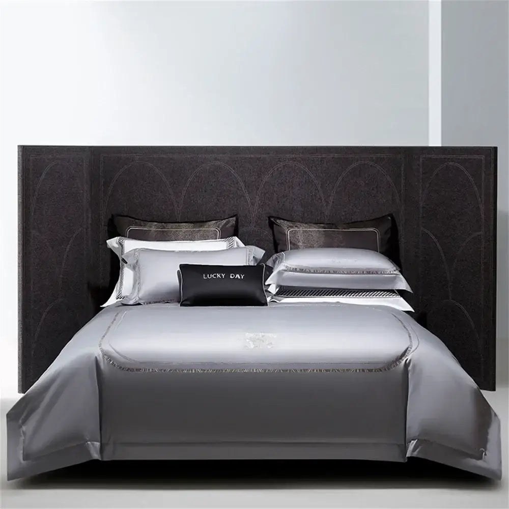 Silver cotton satin jacquard bedding set with subtle shimmering trim and lucky day black accent pillow decorbites cotton satin