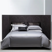 Silver cotton satin jacquard bedding set with subtle shimmering trim and lucky day black accent pillow decorbites cotton satin