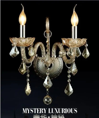 Antique silver-toned crystal cognac wall lamp with intricate filigree amber glass candle holders and faceted droplets for luxury decorbites wall lamp