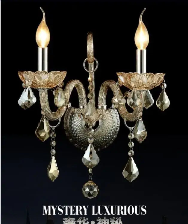 Antique silver-toned crystal cognac wall lamp with intricate filigree amber glass candle holders and faceted droplets for luxury decorbites wall lamp
