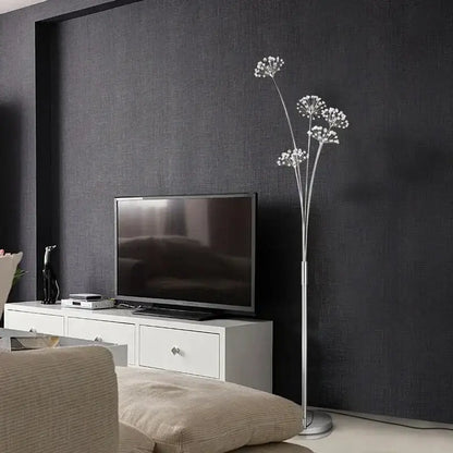 Silver metallic floor lamp with delicate flower-like bulb clusters from decorbites crystal dandelion led series