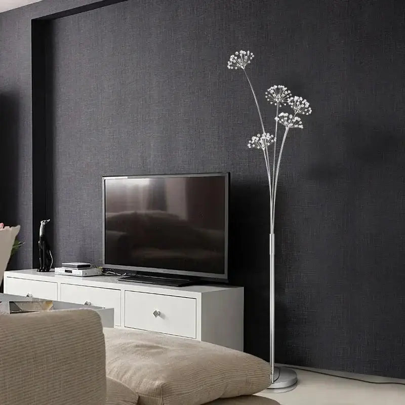 Silver metallic floor lamp with delicate flower-like bulb clusters from decorbites crystal dandelion led series