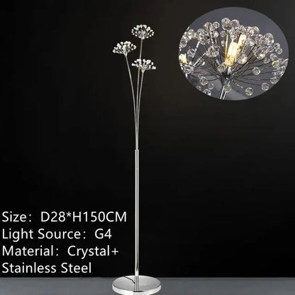 Silver crystal dandelion led floor lamp with crystal draped shade and sleek stainless steel base for living room decorbites floor lamp