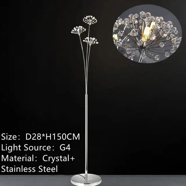 Silver crystal dandelion led floor lamp with crystal draped shade and sleek stainless steel base for living room decorbites floor lamp
