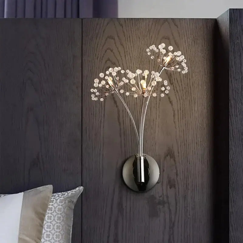 A modern floor lamp with a sleek chrome base and three crystal dandelion led stems by decorbites for living rooms