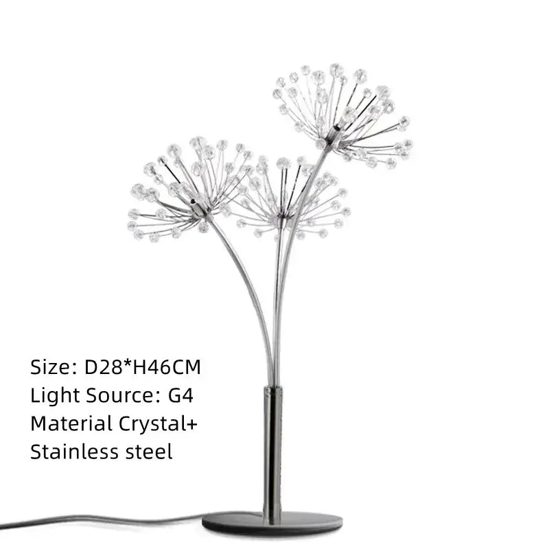 Silver metallic floor lamp featuring decorbites crystal dandelion led flower heads with clear crystals for living room decor