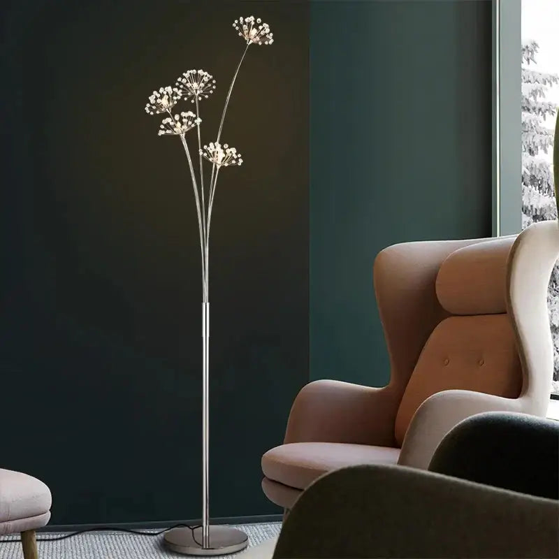 Silver metallic floor lamp with three slender stems and crystal dandelion led clusters for living room decorbites crystal dandelion