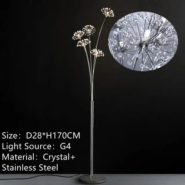 Silver crystal dandelion led floor lamp with crystal accents and stainless steel base for living room decorbites floor lamp