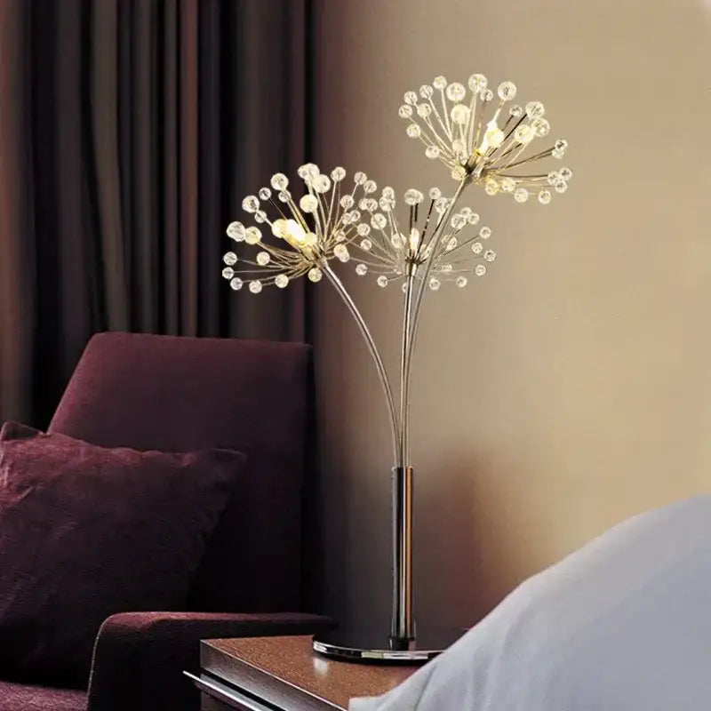 Silver crystal dandelion led floor lamp with polished chrome stems and clear crystal spheres for living room decorbites decor
