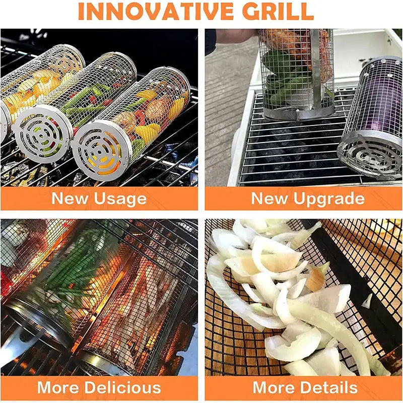Silver cylindrical mesh grilling basket with circular ventilation holes by decorbites grilling basket for kitchen bbq