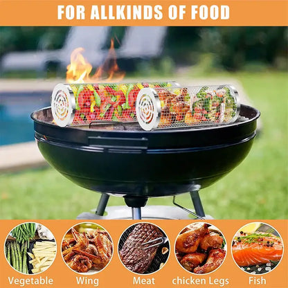 Silver cylindrical mesh grilling basket with circular end caps for vegetables meat chicken by decorbites grilling