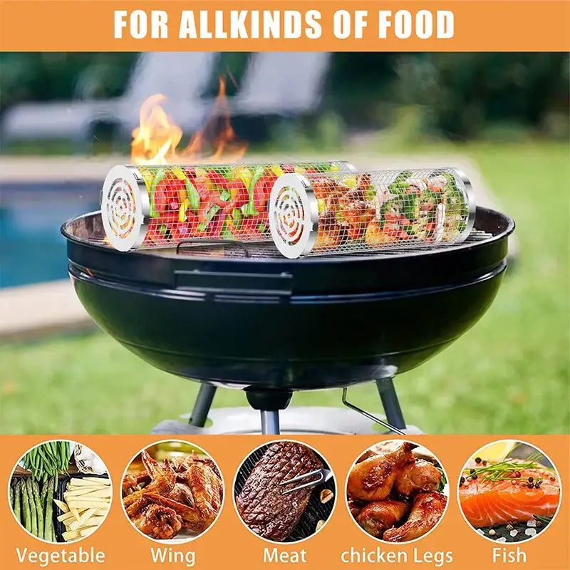 Silver cylindrical mesh grilling basket with circular end caps for vegetables meat chicken by decorbites grilling