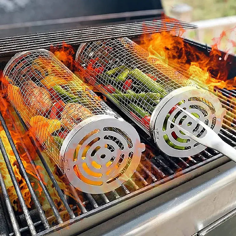 Silver cylindrical mesh grilling basket by decorbites filled with colorful vegetables for bbq cooking tool use