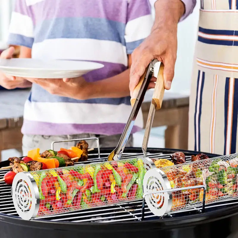 Silver mesh cylindrical grilling basket with wooden handles and spiral vents decorbites grilling basket tool