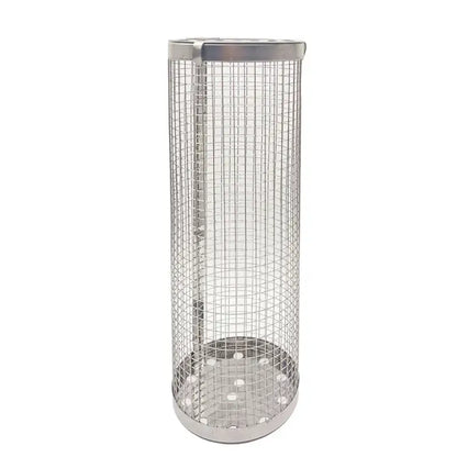 Silver cylindrical mesh grilling basket with solid metal lid and base by decorbites grilling basket kitchen bbq tool