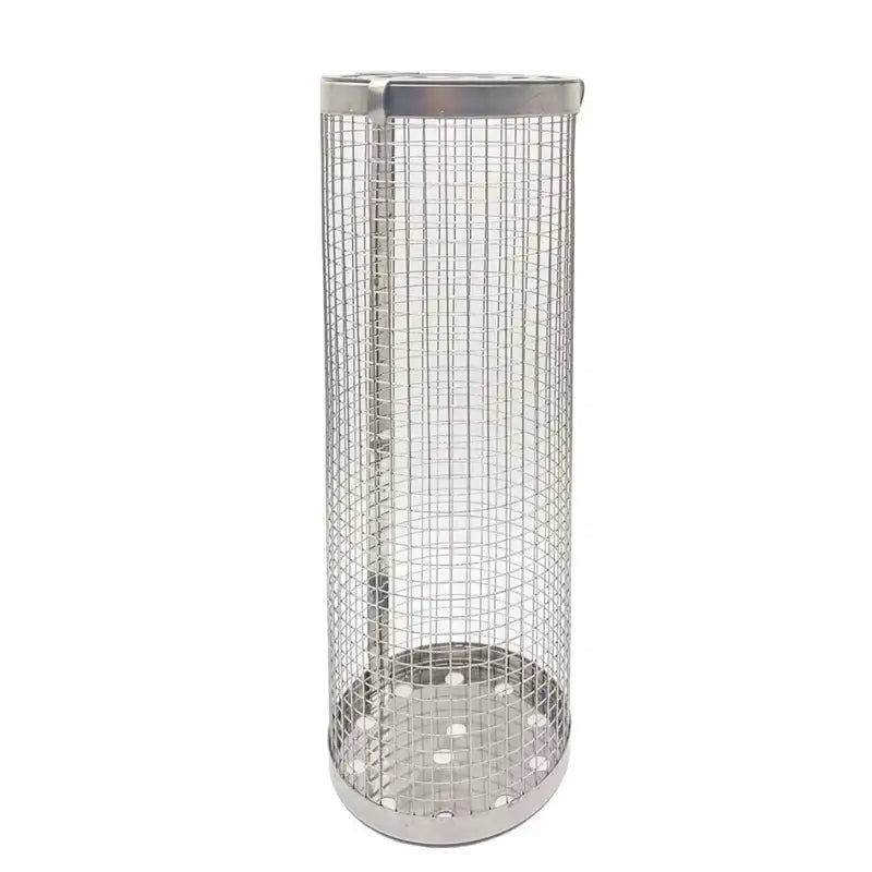 Silver cylindrical mesh grilling basket with solid metal lid and base by decorbites grilling basket kitchen bbq tool