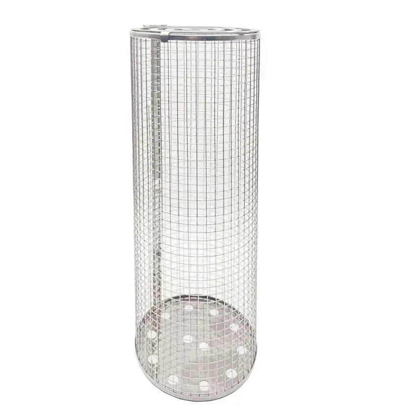 Silver cylindrical mesh grilling basket by decorbites made of stainless steel with perforated base and reinforced rim