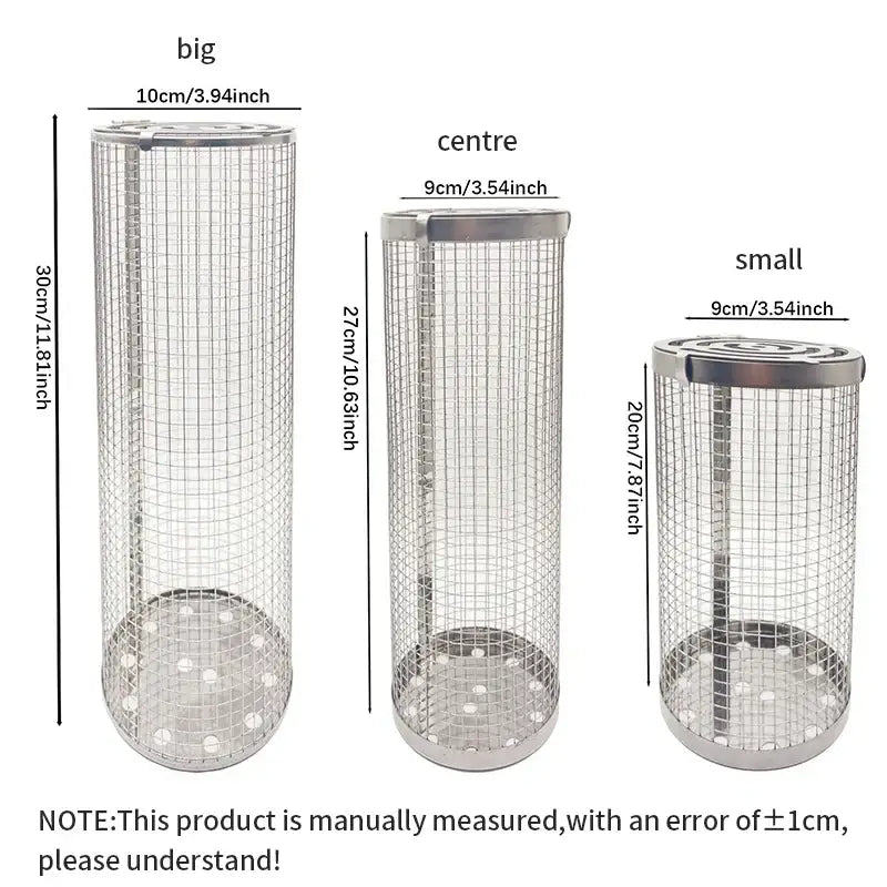Silver cylindrical stainless steel mesh grilling basket set labeled big, centre, and small by decorbites grilling basket