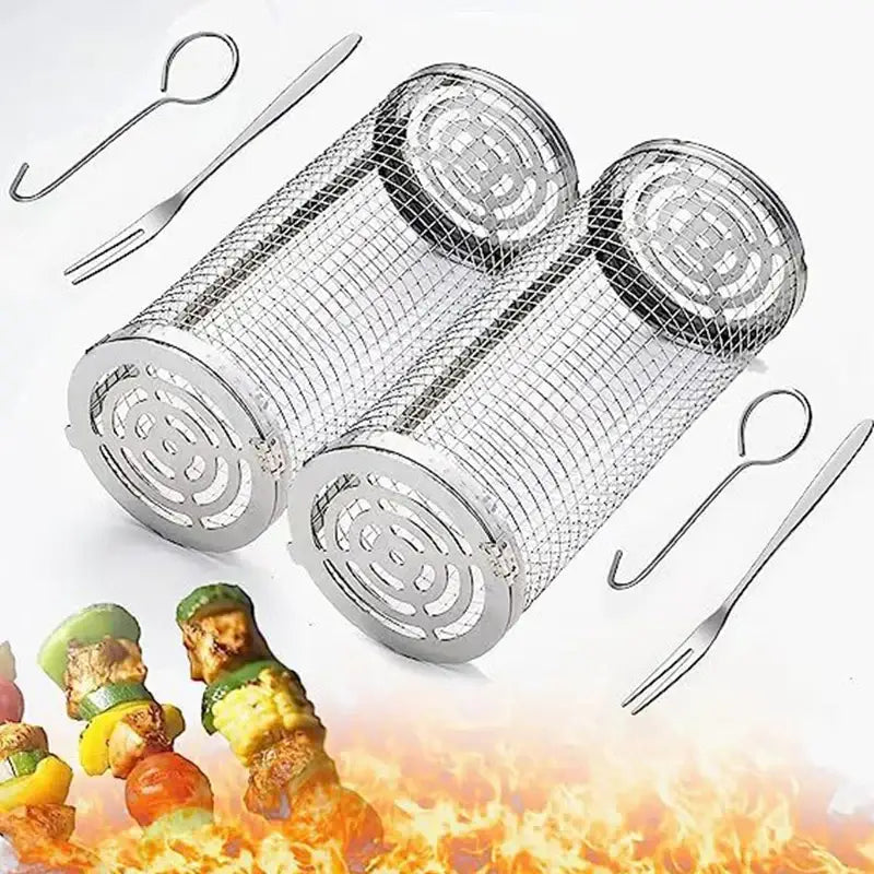 Silver cylindrical stainless steel mesh grilling basket with circular vents plus skewers and hooks by decorbites grilling basket
