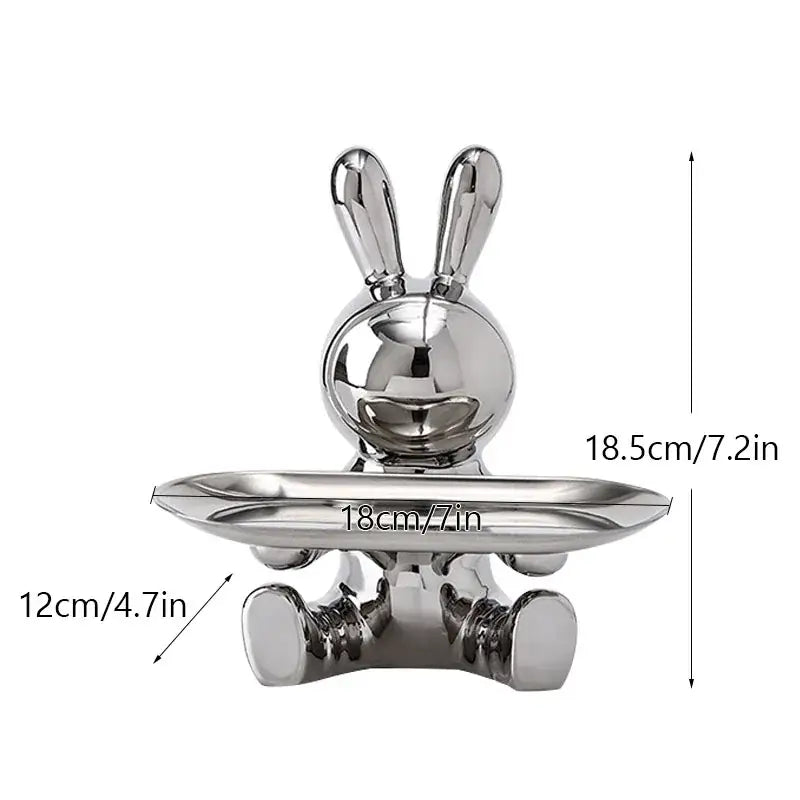 Shiny metallic silver decorbites astronaut rabbit resin tray with reflective finish for office storage decor