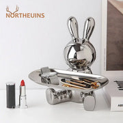 Shiny silver decorbites astronaut rabbit resin tray with reflective metallic finish for office storage decor