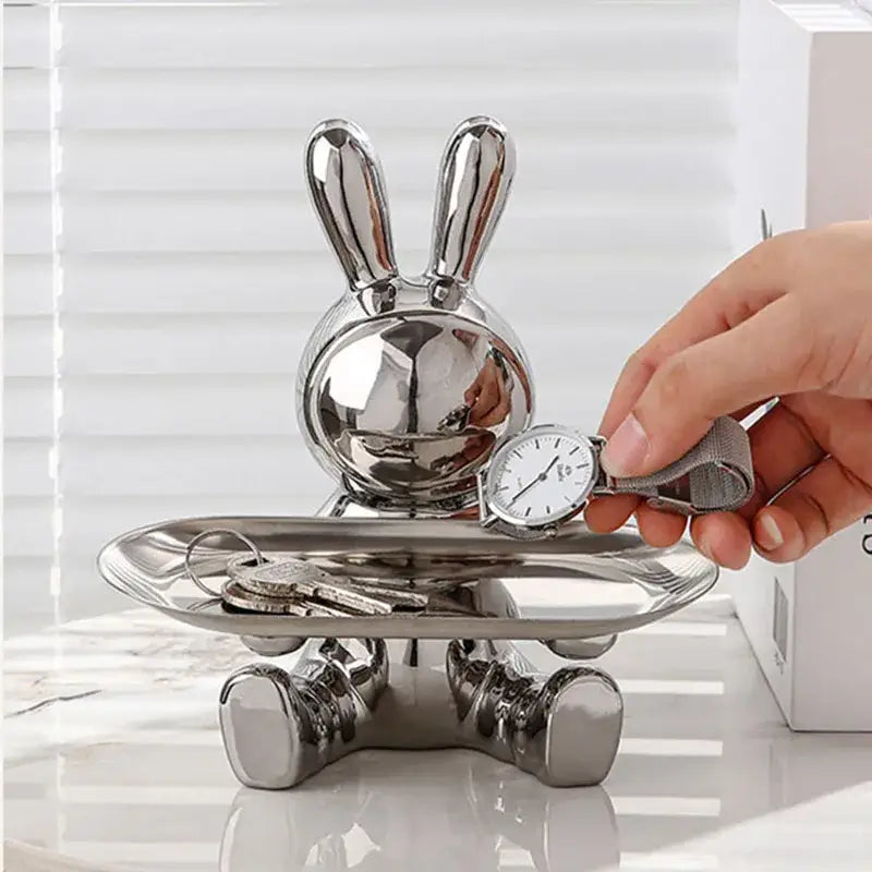 Silver decorbites astronaut rabbit resin tray with shiny metallic finish and rounded ears for elegant office storage decor