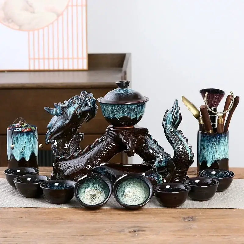 Glossy black and teal ceramic dragon teapot set with central covered bowl and matching cups for decorbites tea set
