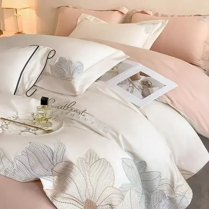 White satin duvet cover with silver floral embroidery and sweetheart romantic script in decorbites cotton king size bedding set
